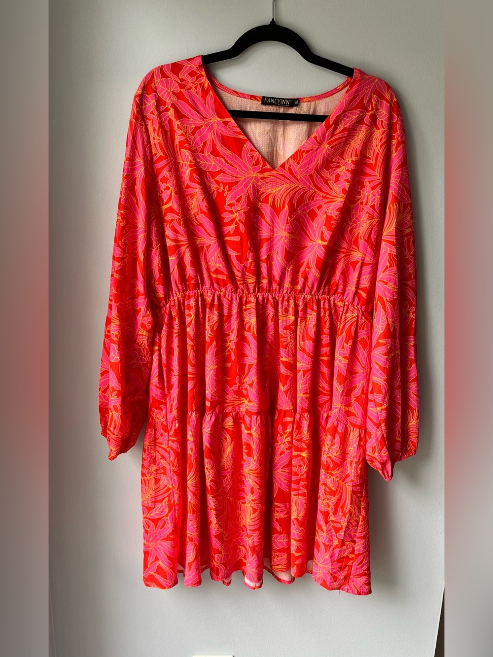 Fancyinn Coral Pink Floral Tunic Dress XL V Neck Long Sleeve Boho